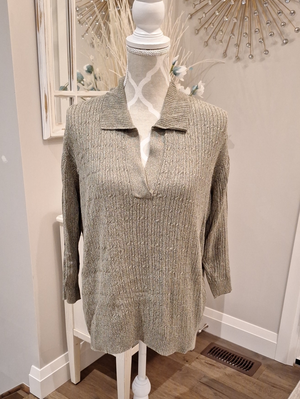 Karen Scott Olive Ribbed Polo-Style Knit Top
